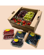 Raspberries, Blueberries, Strawberries, Blackberries, Red Grapes, and Green Grapes in display as well as the packaging.