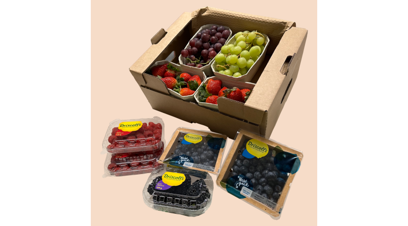Raspberries, Blueberries, Strawberries, Blackberries, Red Grapes, and Green Grapes in display as well as the packaging.
